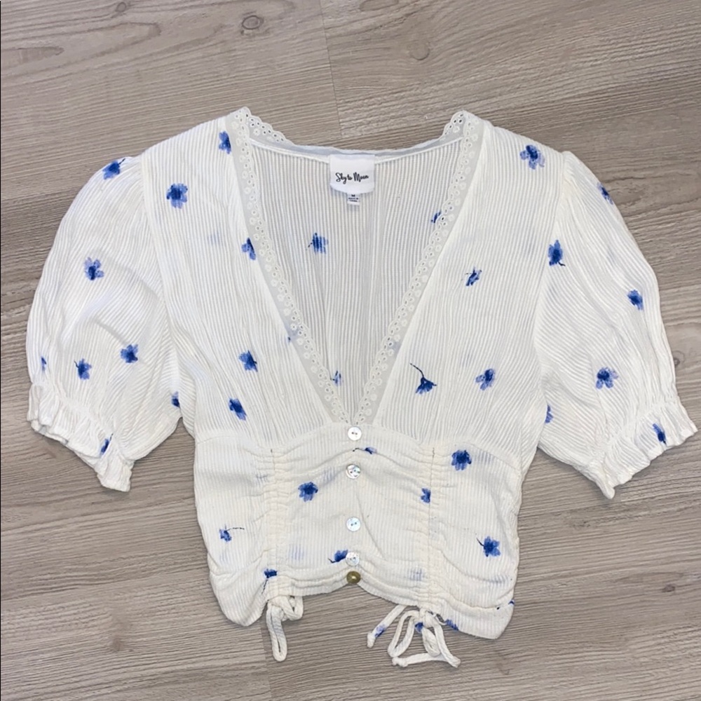 Sky to Moon blue and white floral blouse